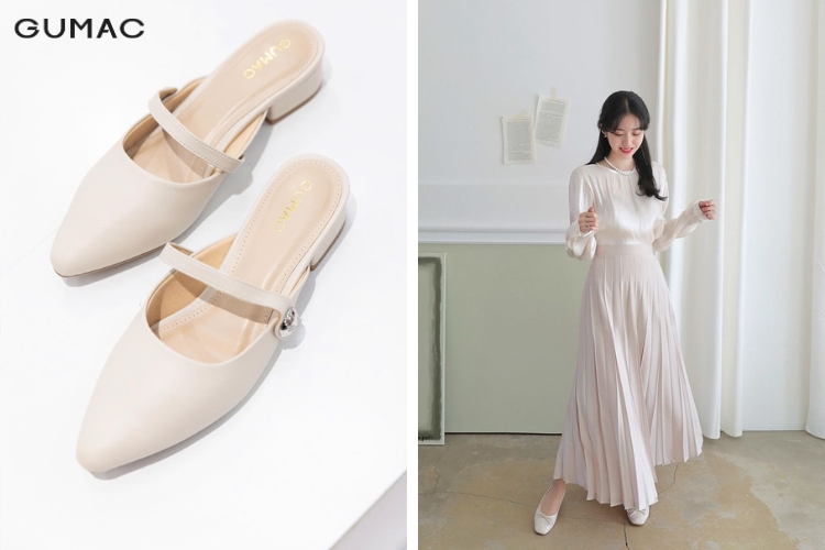 Váy thân dưới dài mix cùng giày sục dễ di chuyển